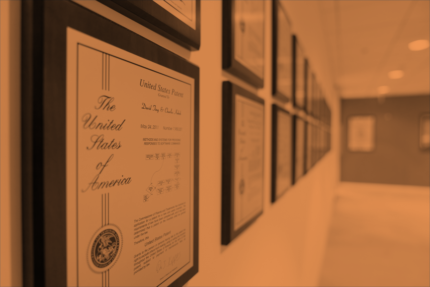 Image of a wall displaying rows of patent plaques