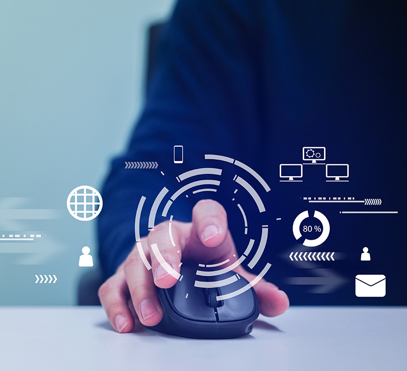 Image of a hand on a computer mouse, with graphics floating around