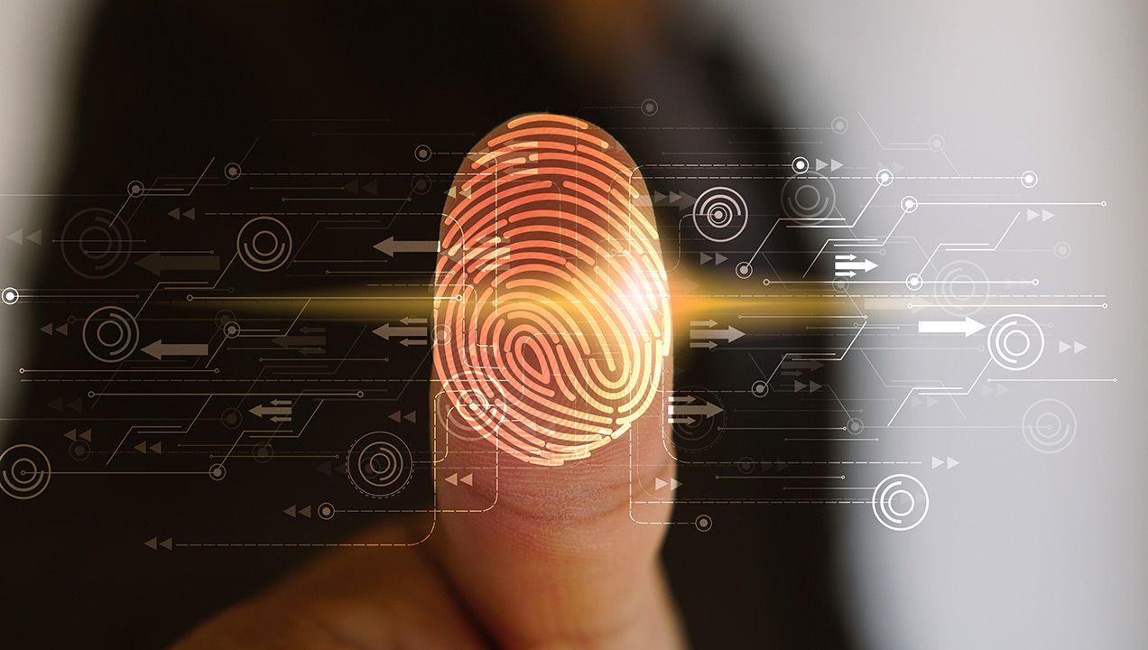 Image of a person's finder, with a holographic fingerprint on top