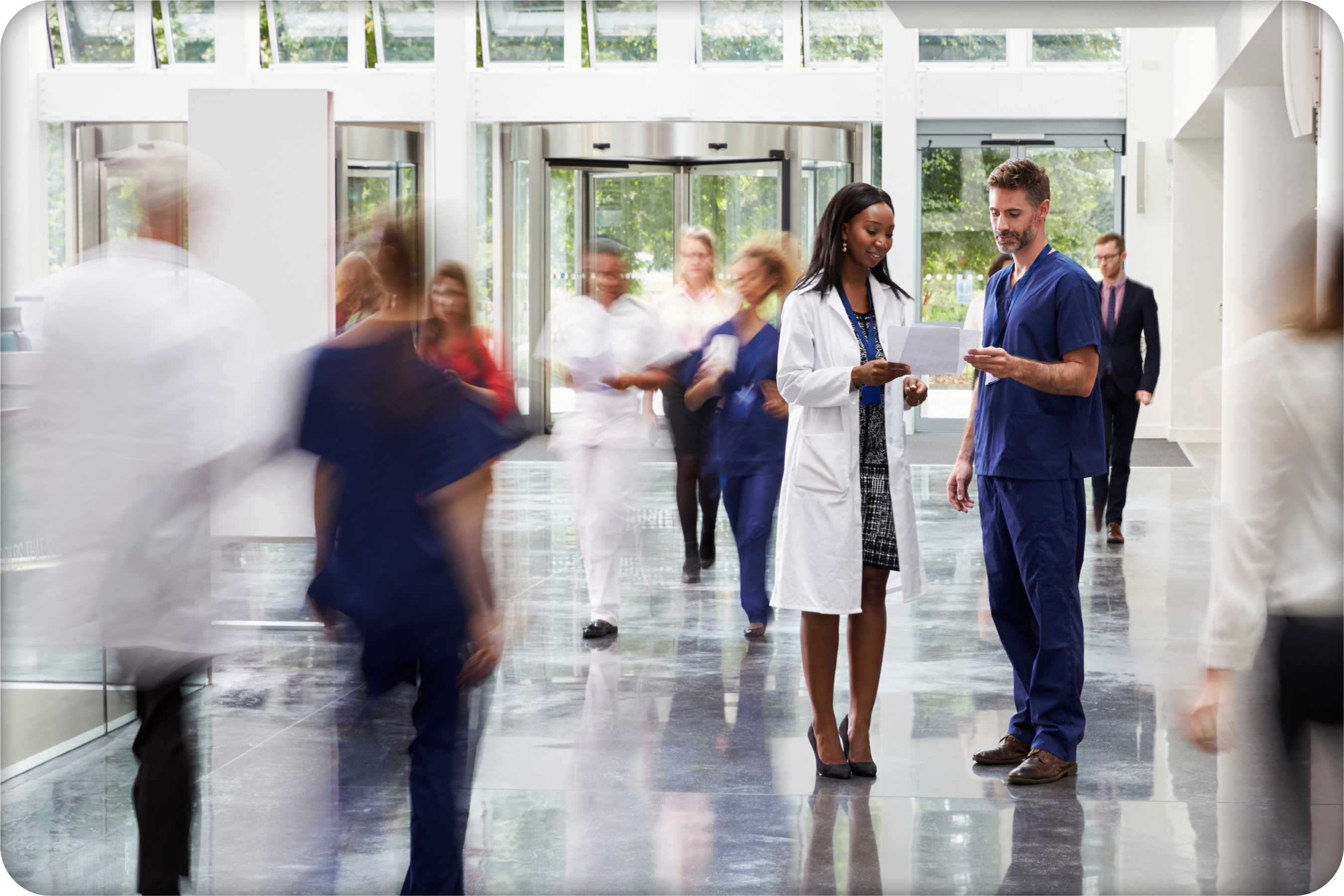 Clinical staff in a busy hospital