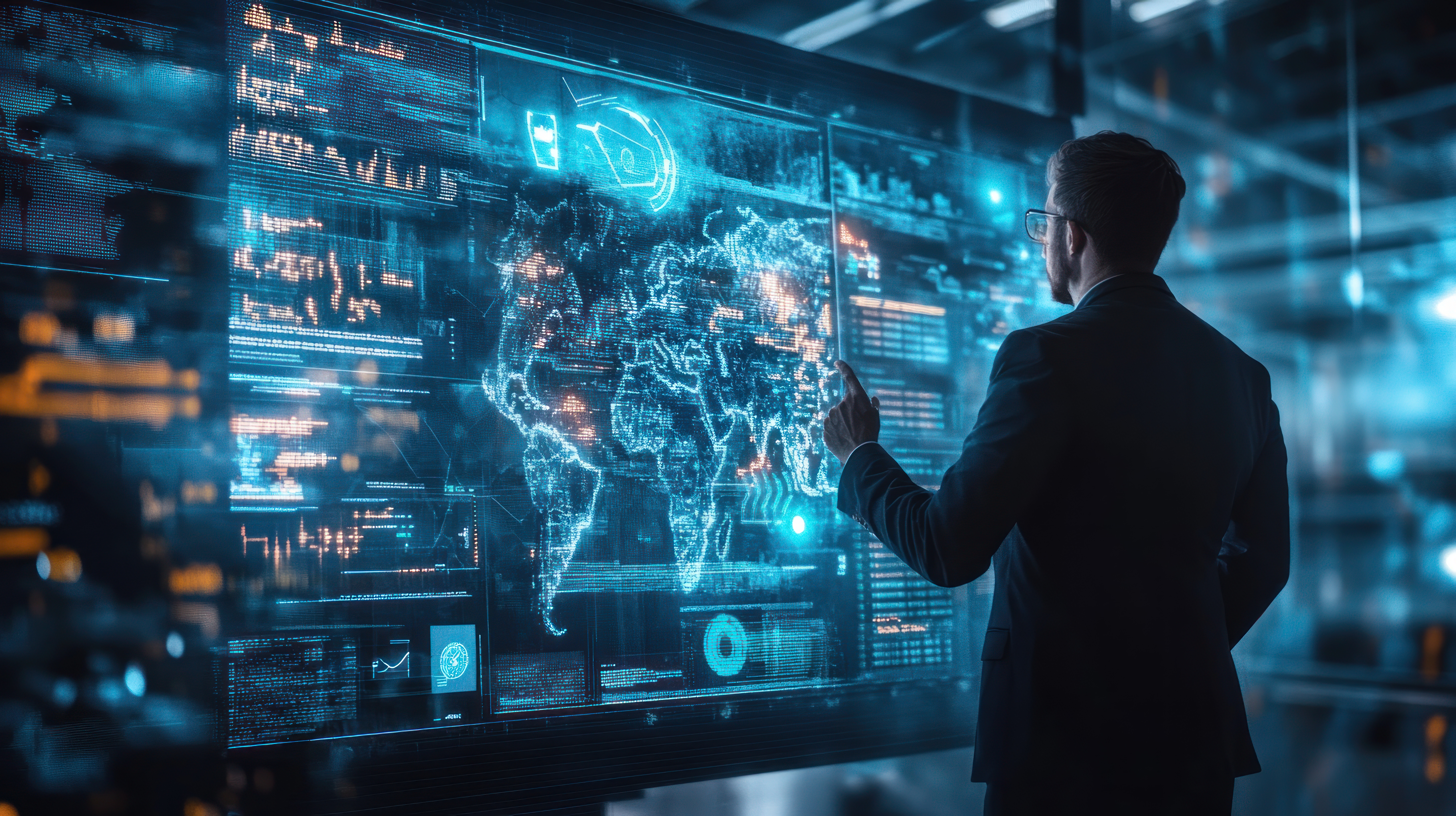 Photo of cybersecurity worker checking data on a digital map