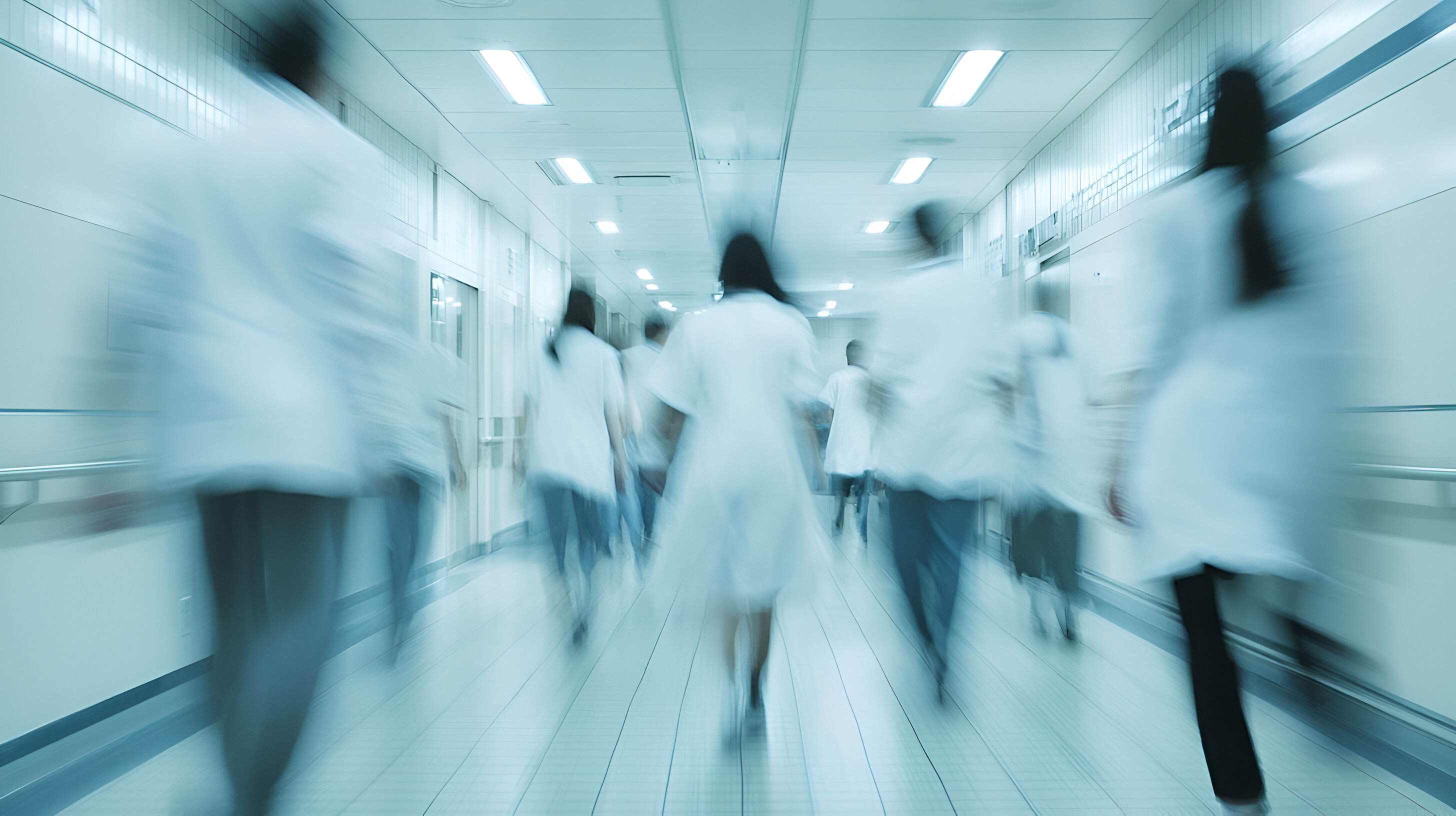 Healthcare workers walking along hallway