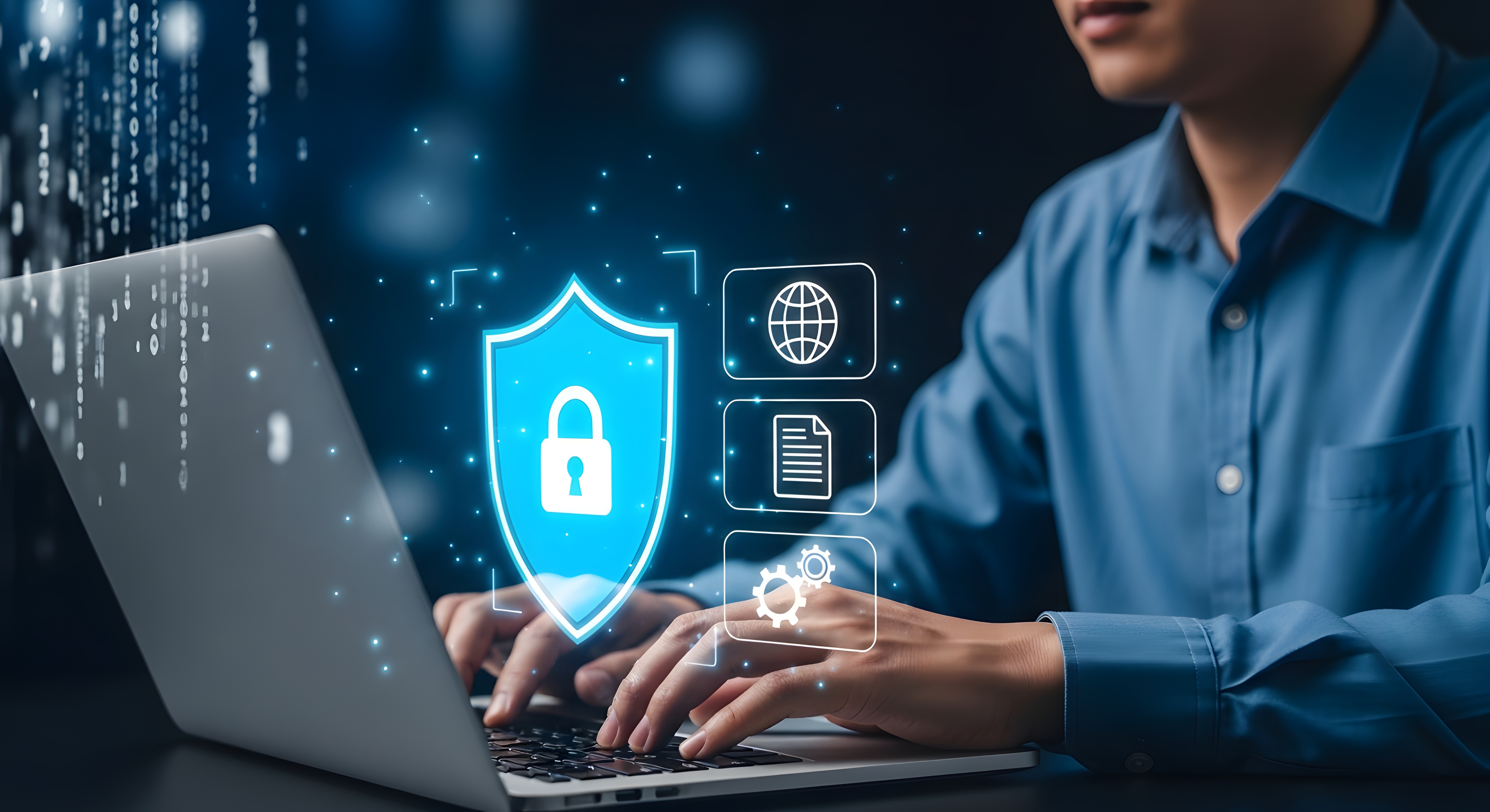 Photo of worker looking at secured laptop