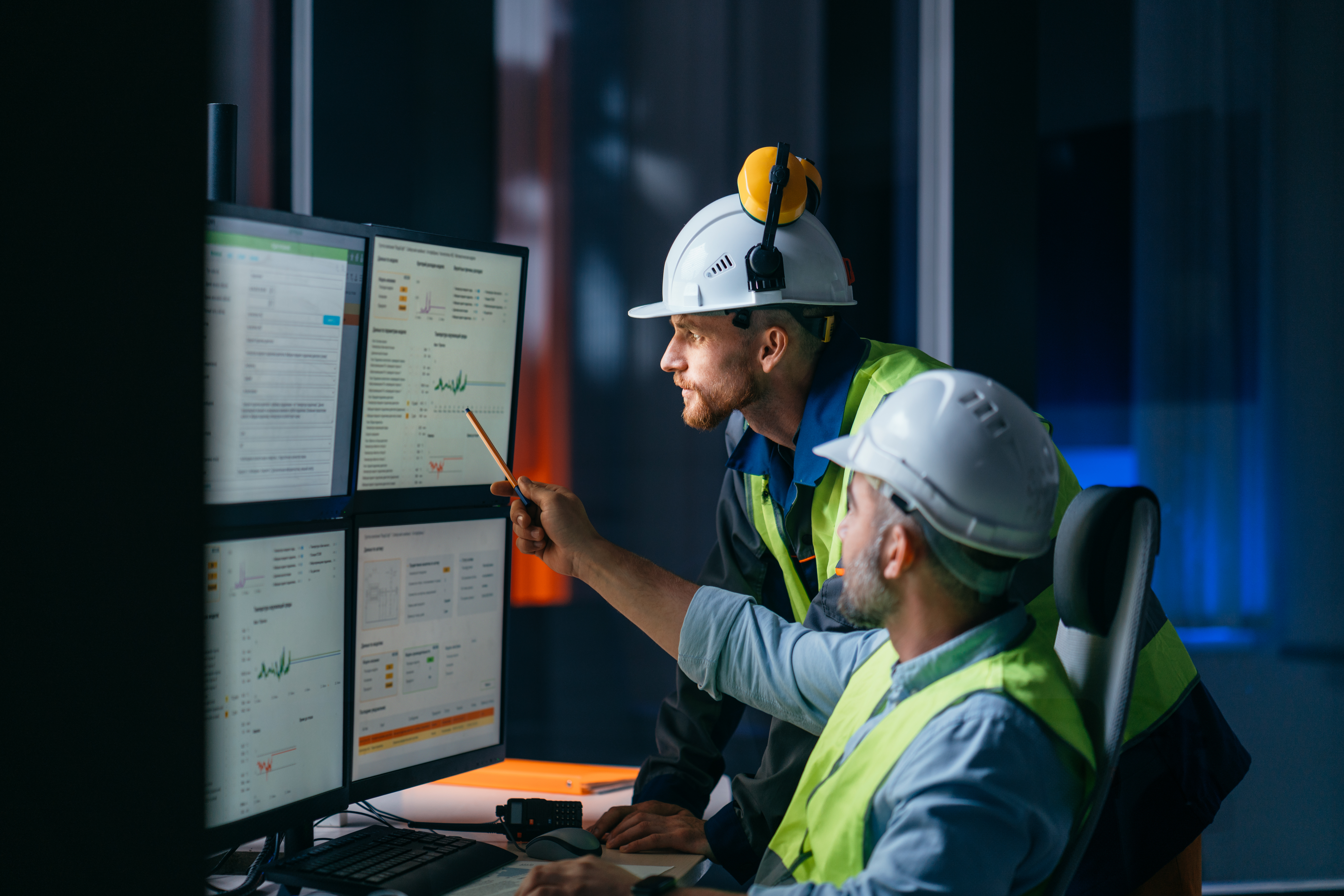 Photo of workers in hard hats using computers