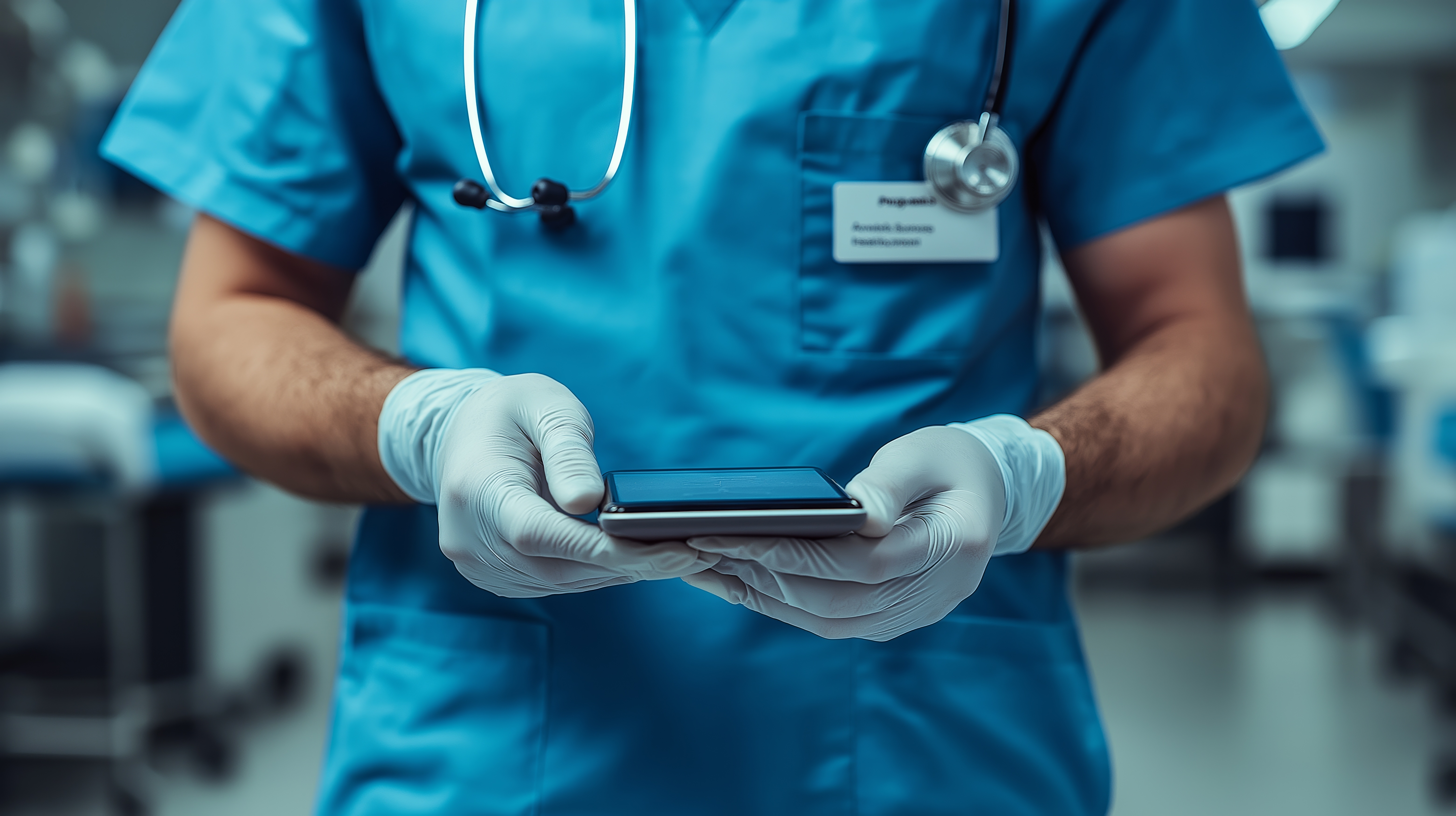 Photo of nurse holding a mobile device