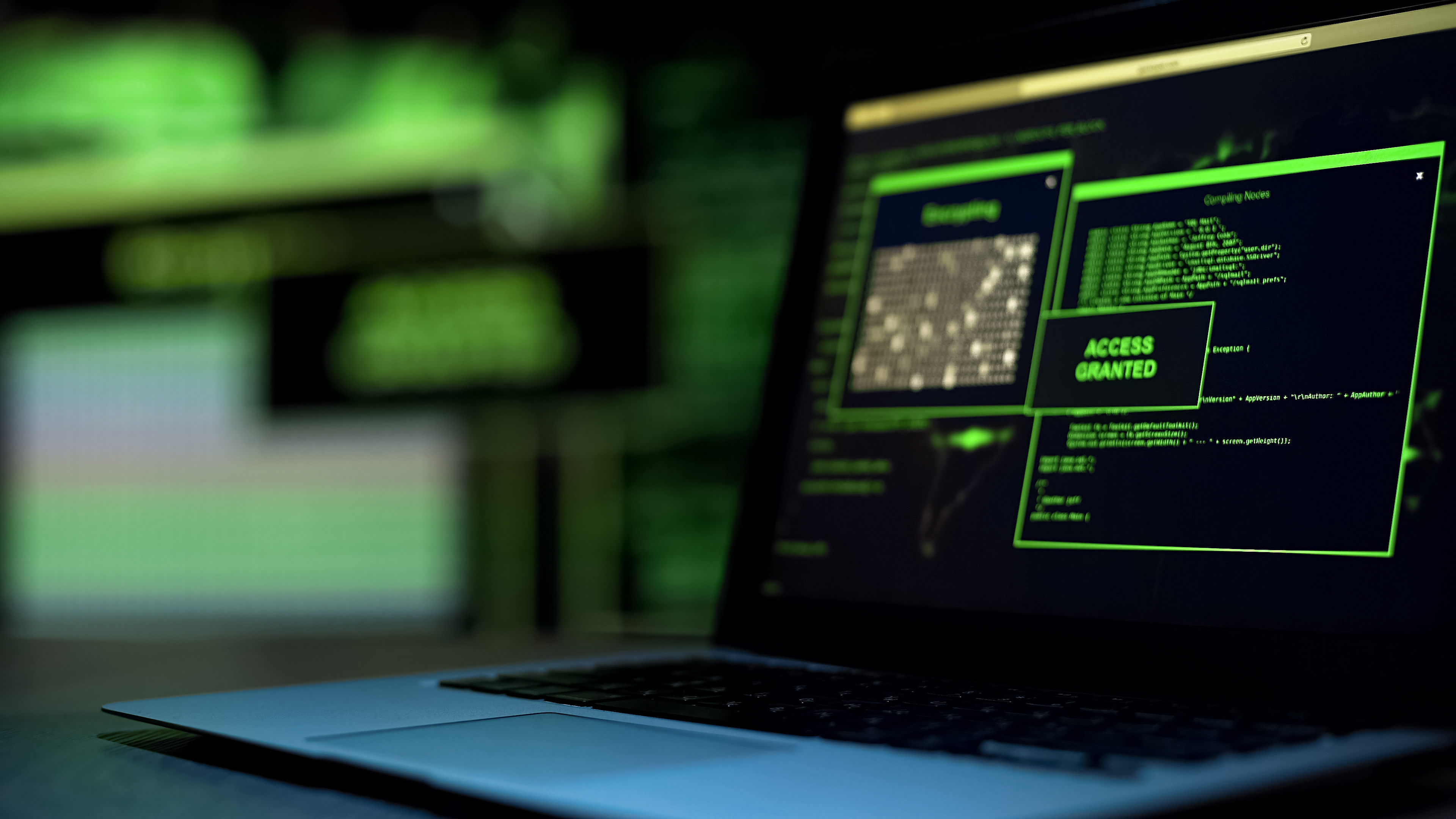 Access granted message on laptop screen showing use of stolen account credentials.