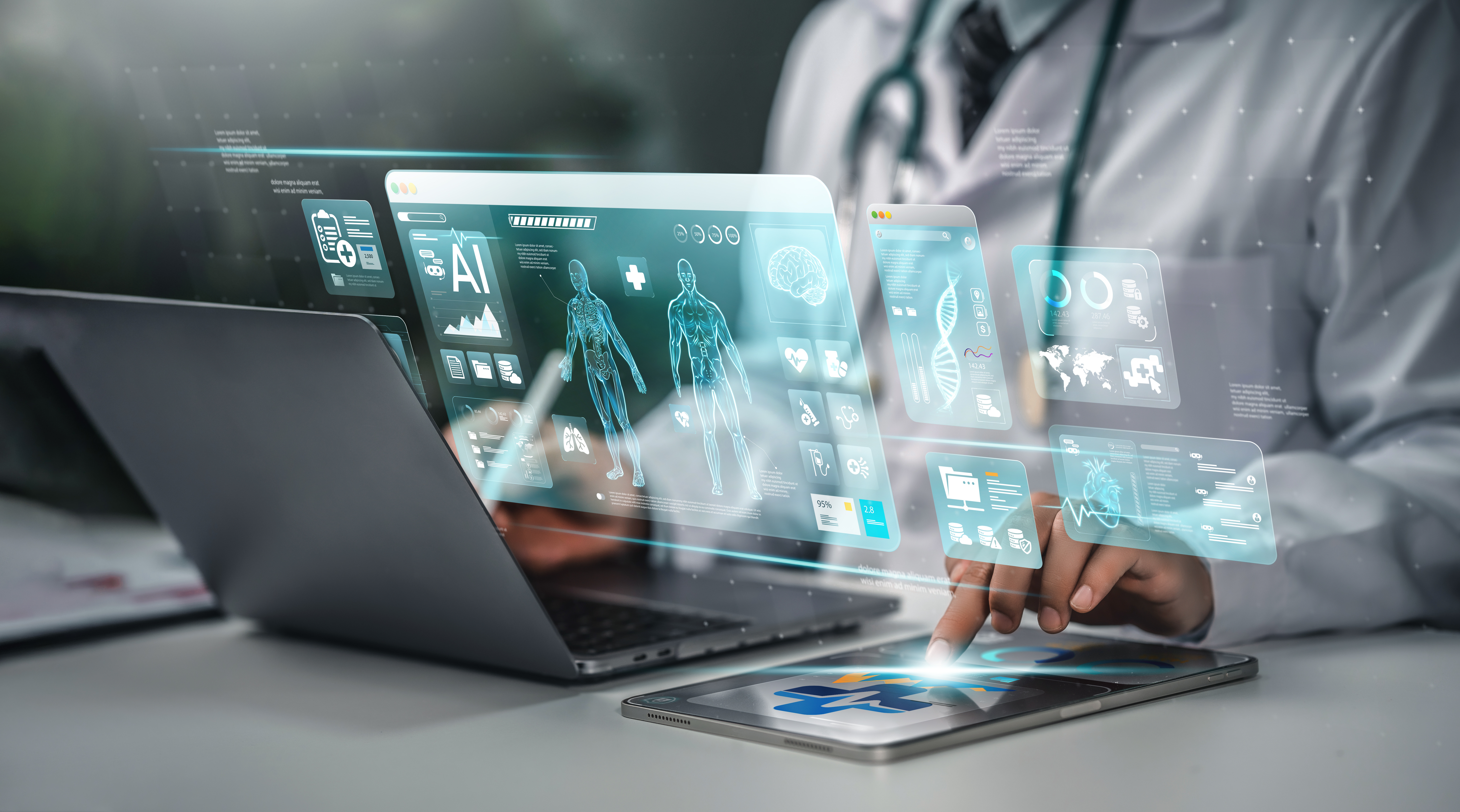 Doctor accessing PHI in the EHR on laptop and tablet, depicting the need for strong healthcare cybersecurity and identity and access management for clinical tools and workflows.