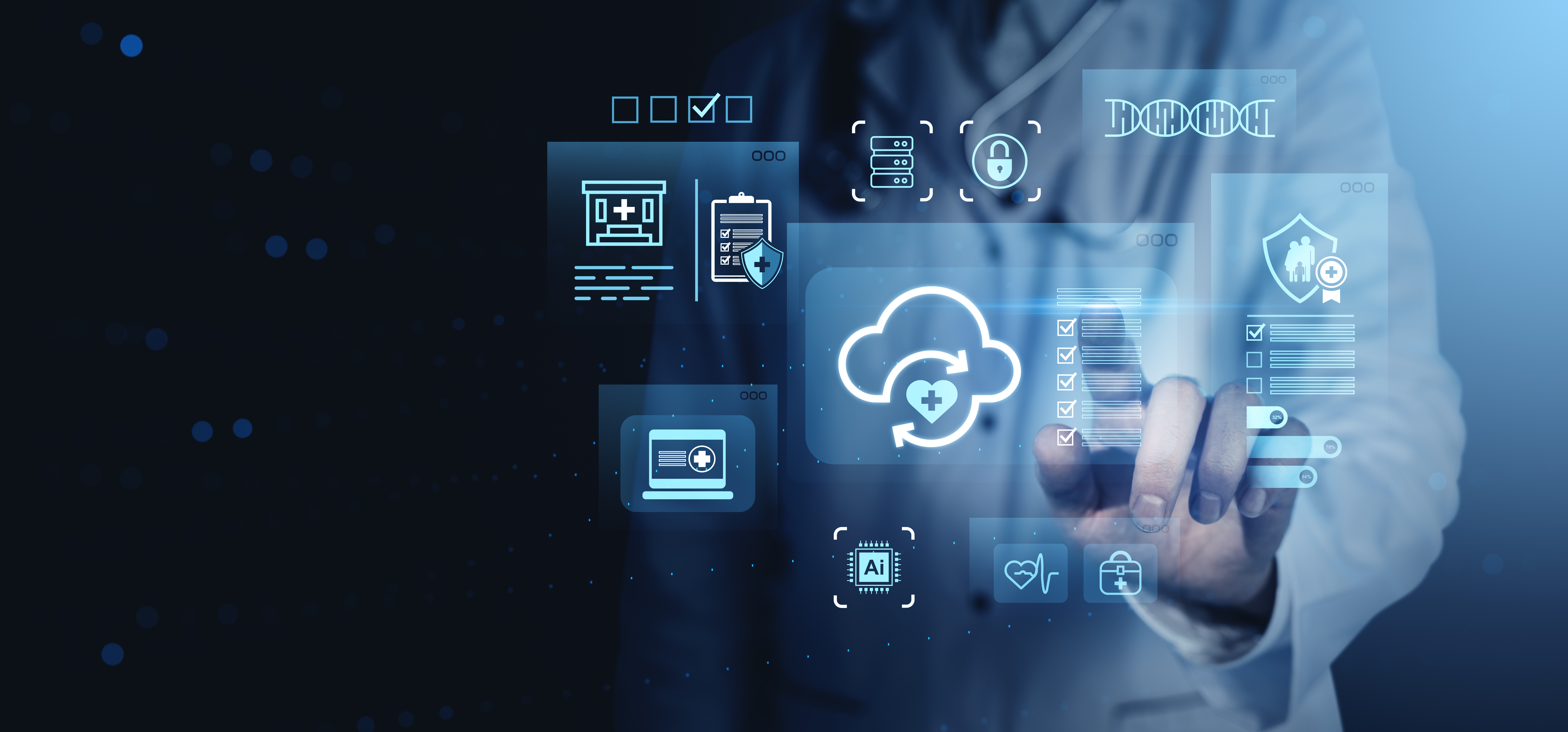 Doctor interacting with digital healthcare cloud interface showing medical data, AI chip, and security icons on blue futuristic background representing reference architecture and Epic integration.