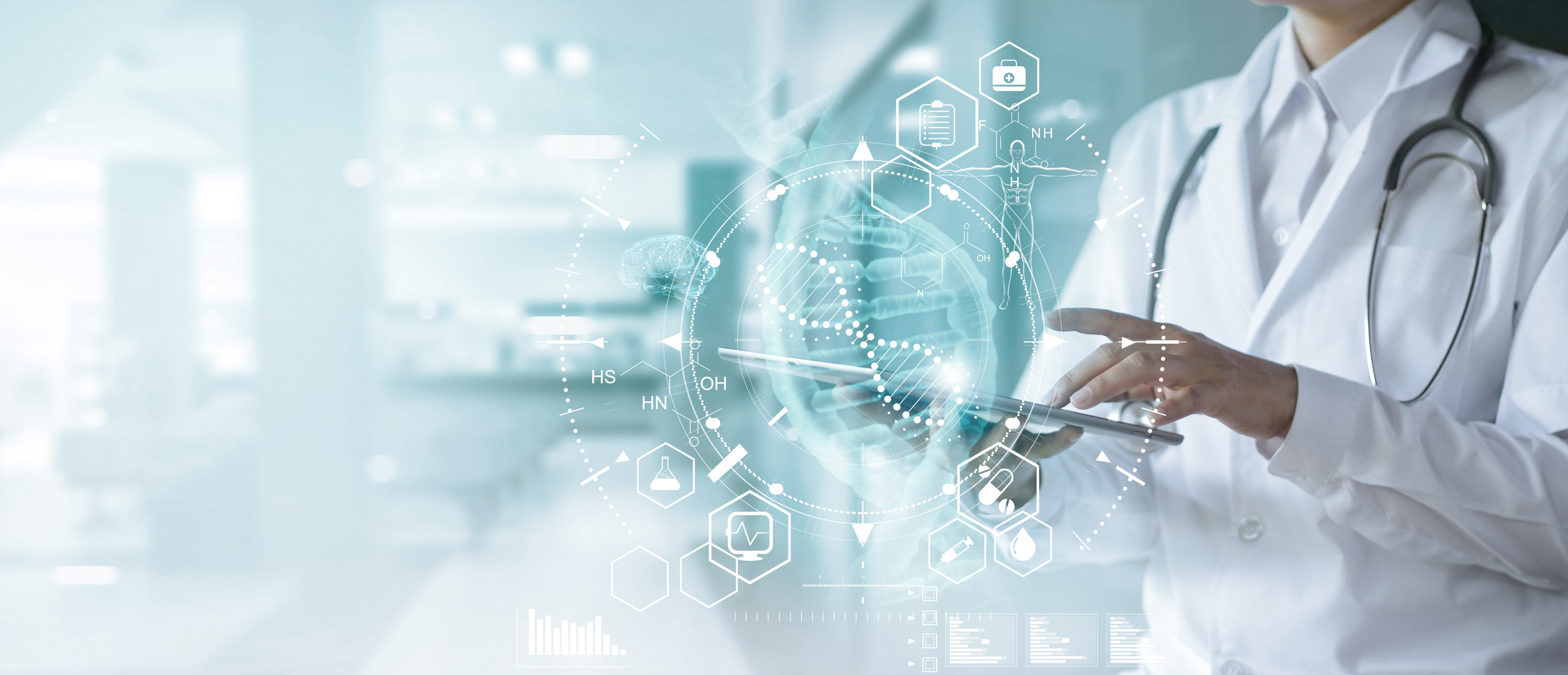 Clinician securely accessing electronic health record on mobile device tablet. Digital healthcare and medical technology for safe and simple clinical workflows.