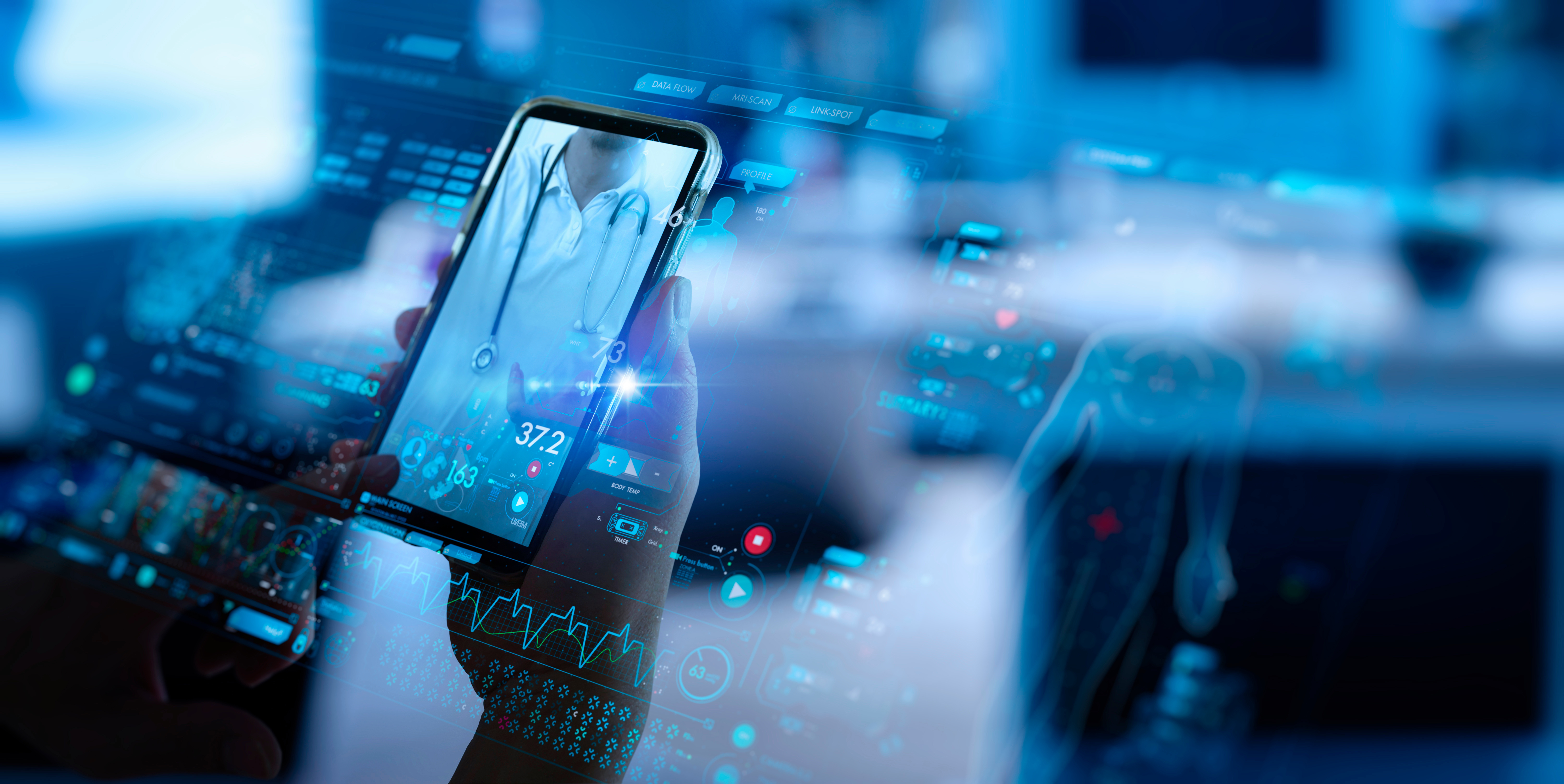 Medical technology and cybersecurity. Hand holding smartphone with medical imagery overlay representing shared mobile device and secure clinical workflows.