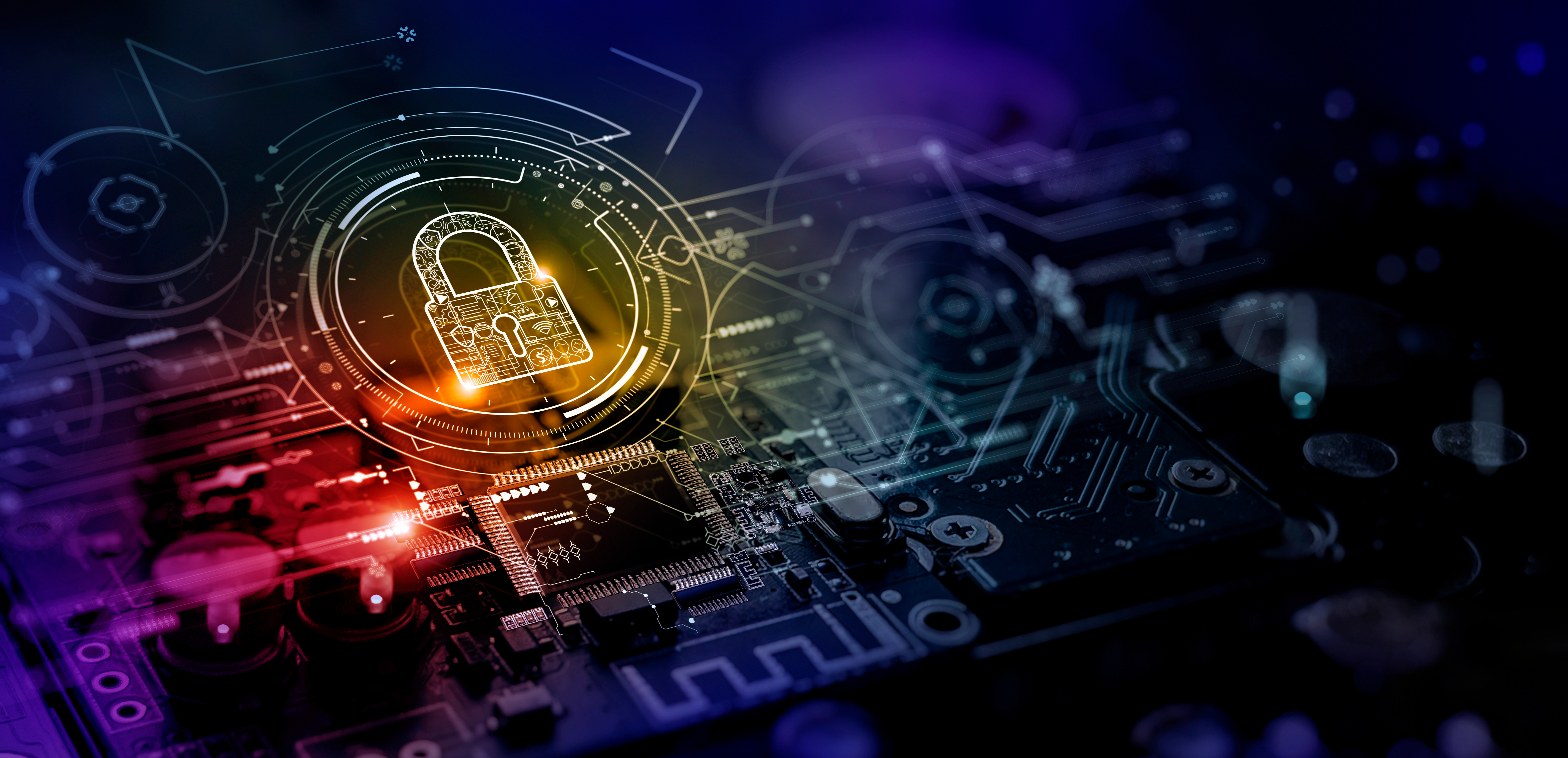 Colorful cybersecurity representation. Digital padlock icon, password protection privileged credential vault enterprise security.