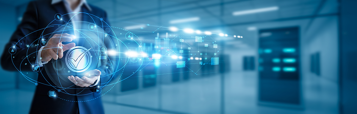 Business person in suit holding hologram depiction of identity and access management solution, credential management, PAM, secure authentication, multi-factor login, role-based access, compliance monitoring, user provisioning, single sign-on, cloud identity