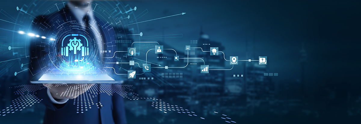 Remote support software solutions and security depicted by employee in a suit on a tablet with luminous overlay illustrating a remote support workflow.