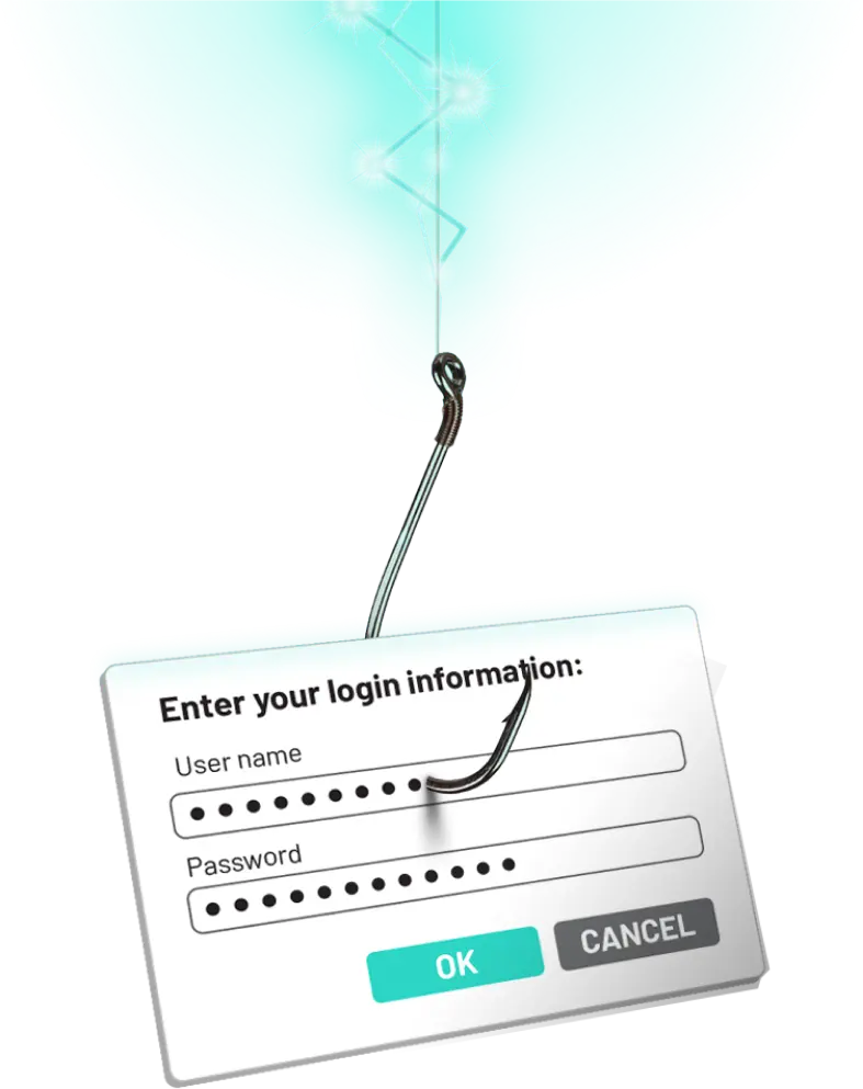 Username and password login field group with a label preceding it reading 'Enter your login information' and a fish hook piercing through it.