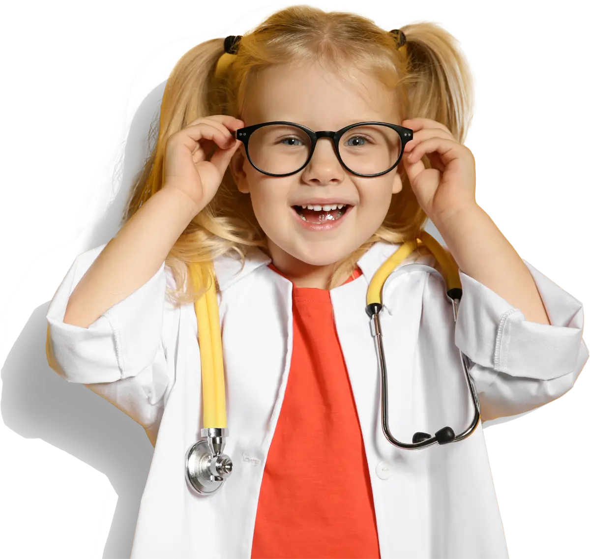 Smiling young child dressed as a doctor with glasses and stethoscope.
